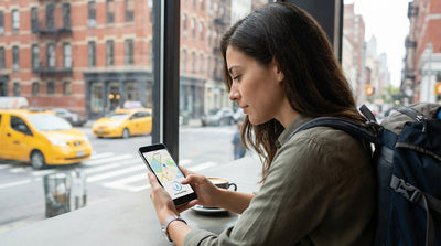 A person driving a car rental on a scenic highway towards the New York City skyline