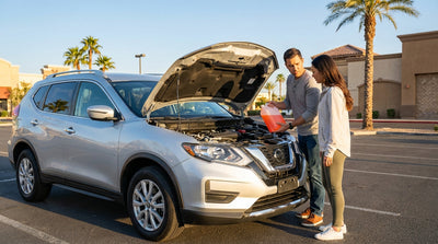 A driver inspects the engine of their car rental, pulled over on a highway with the Las Vegas skyline in view