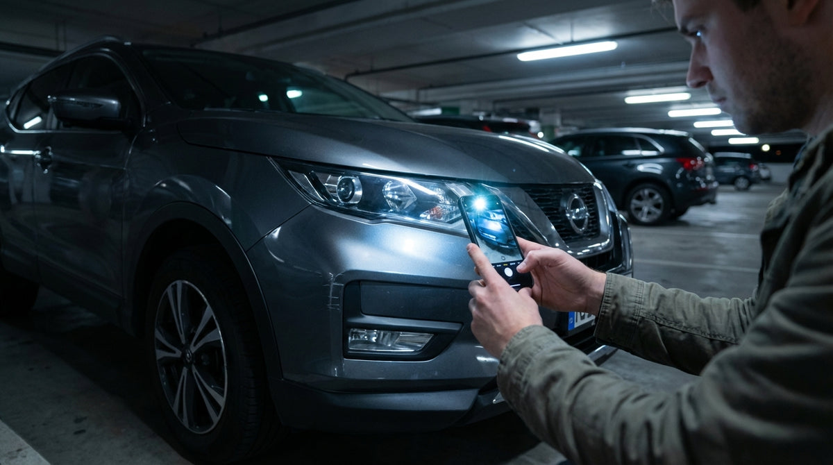 A phone flashlight illuminates a scratch on a car rental in a dark Las Vegas airport parking garage