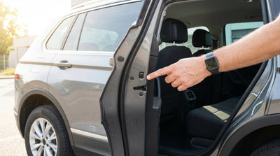 A person stands by their minivan car rental in Orlando, examining the handle on the rear passenger door