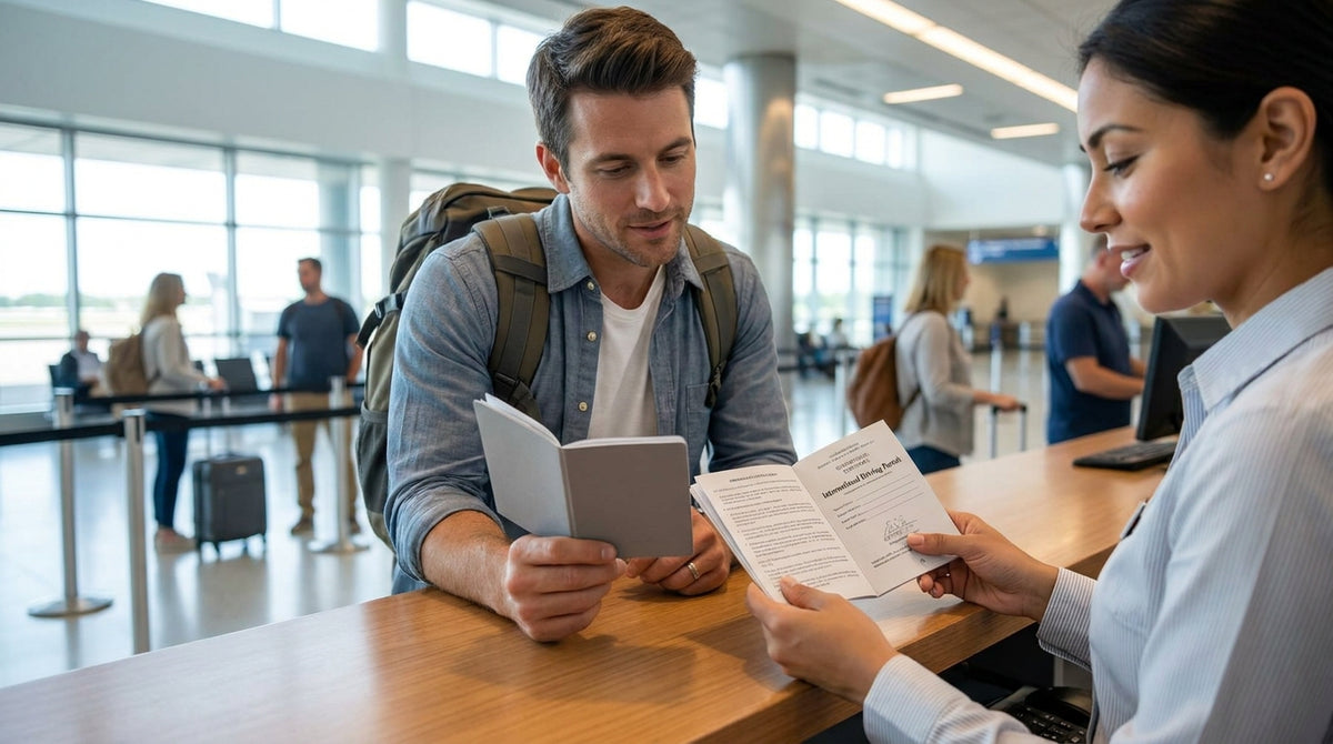 Customer presenting an international driving permit at a car rental desk in the United States