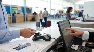 A person's hand on the steering wheel of a car rental overlooking a sunny California coastline and ocean