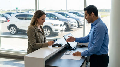 A red convertible car hire driving on a scenic desert highway through the United Estates