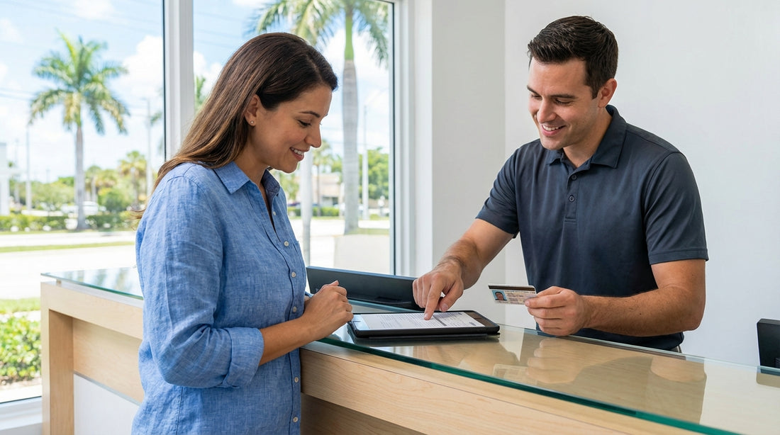 A person receives keys for their car hire from an agent at a rental counter in a sunny Florida office