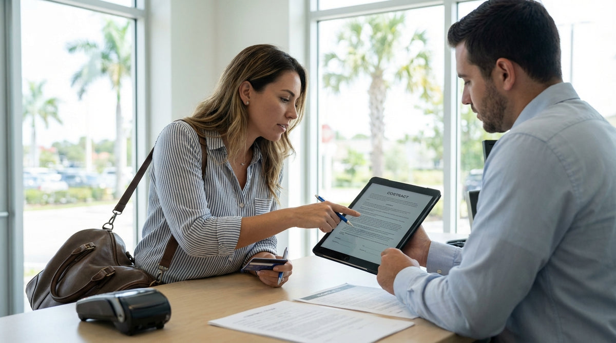 A traveler stands at a car rental counter in a bright Florida airport, reviewing their agreement