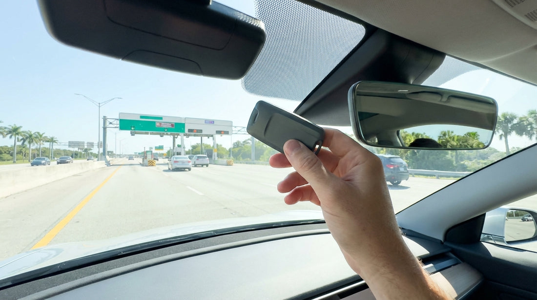 A white car hire drives on a sunny Florida highway under a SunPass electronic toll gantry
