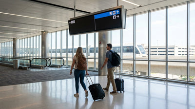 A blue rental car shuttle bus waiting for passengers at DFW airport for car hire in Texas