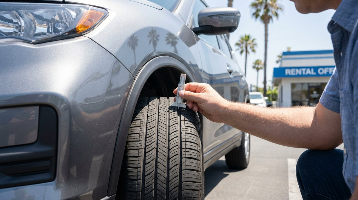 A person crouching to check the tires on a car rental sedan in a sunny California lot