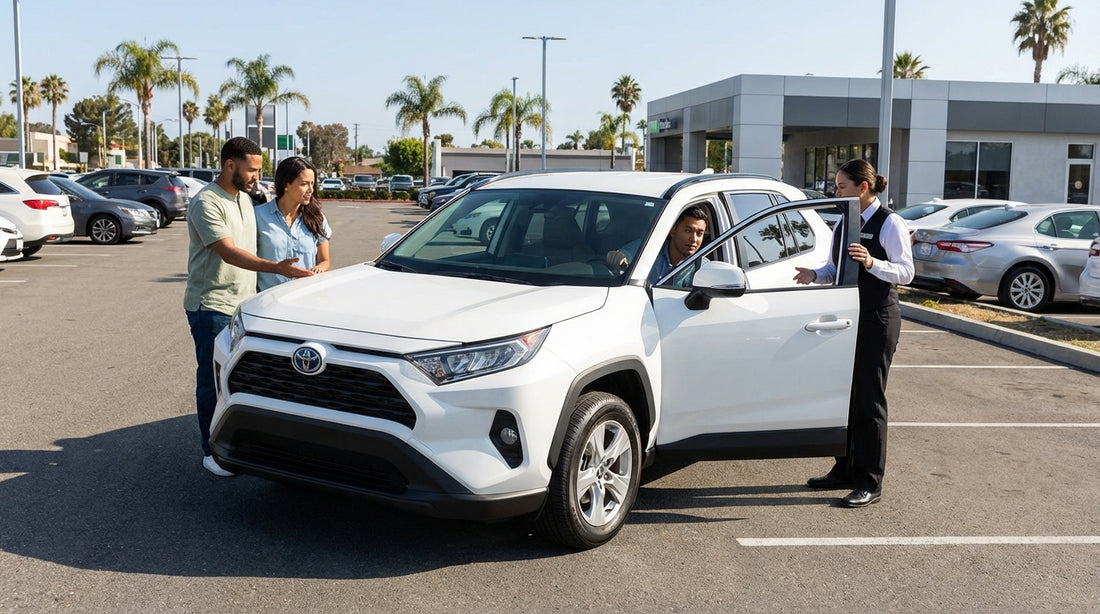 A modern car hire driving on a winding coastal highway in Big Sur, California with the blue Pacific Ocean below