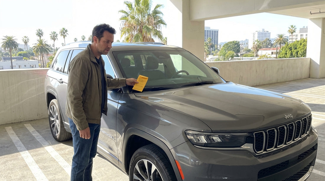 A parking ticket on the windshield of a car hire vehicle on a sunny street in Los Angeles