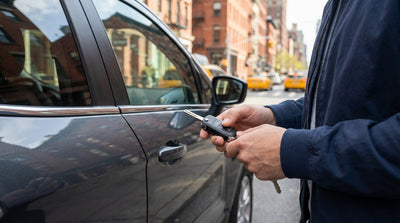 A person's hand holding a car rental key fob with a blurred background of a busy New York City street