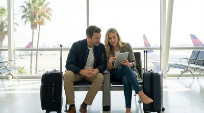 A traveler loads luggage into their car hire vehicle in a bright parking garage at LAX in Los Angeles