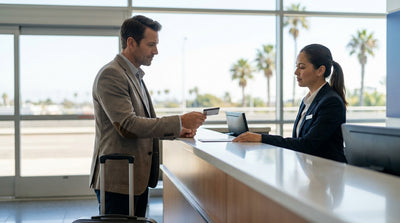 A red convertible car hire driving down a sunny, palm-tree-lined street in Los Angeles