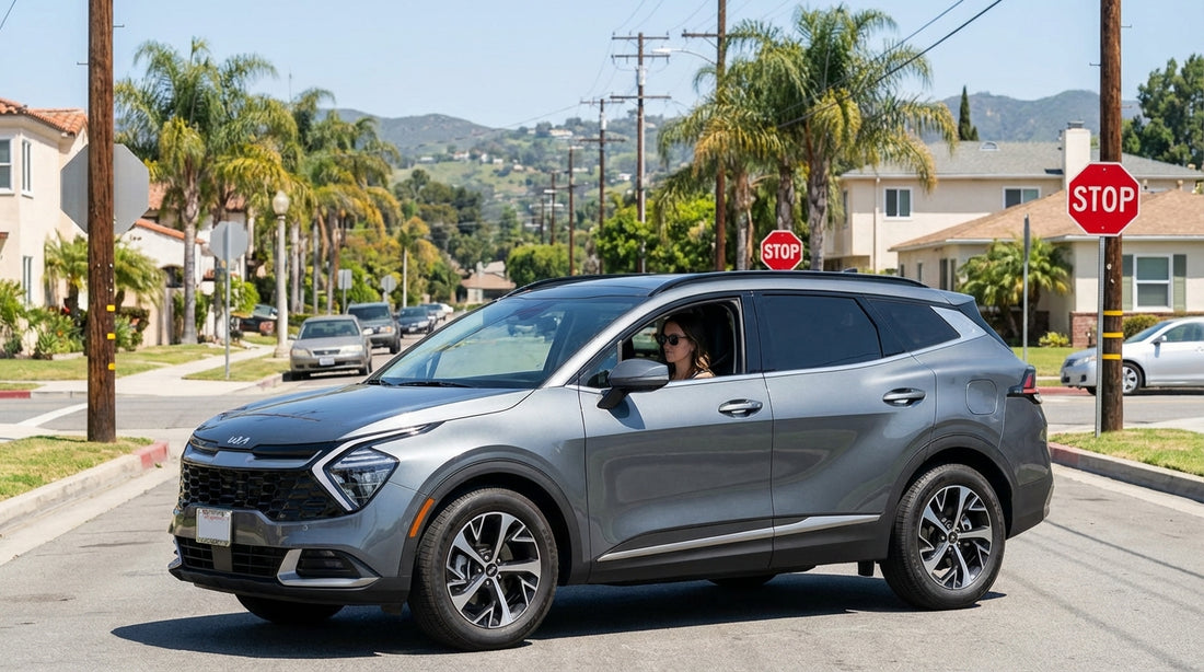 A car rental waits at a 4-way stop intersection on a sunny, palm-lined street in Los Angeles