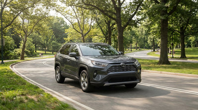 A car hire drives on a road winding through the green trees of Central Park in New York