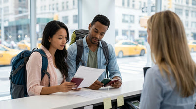 A person's hands signing a car hire agreement on a desk with a New York City street view in the background