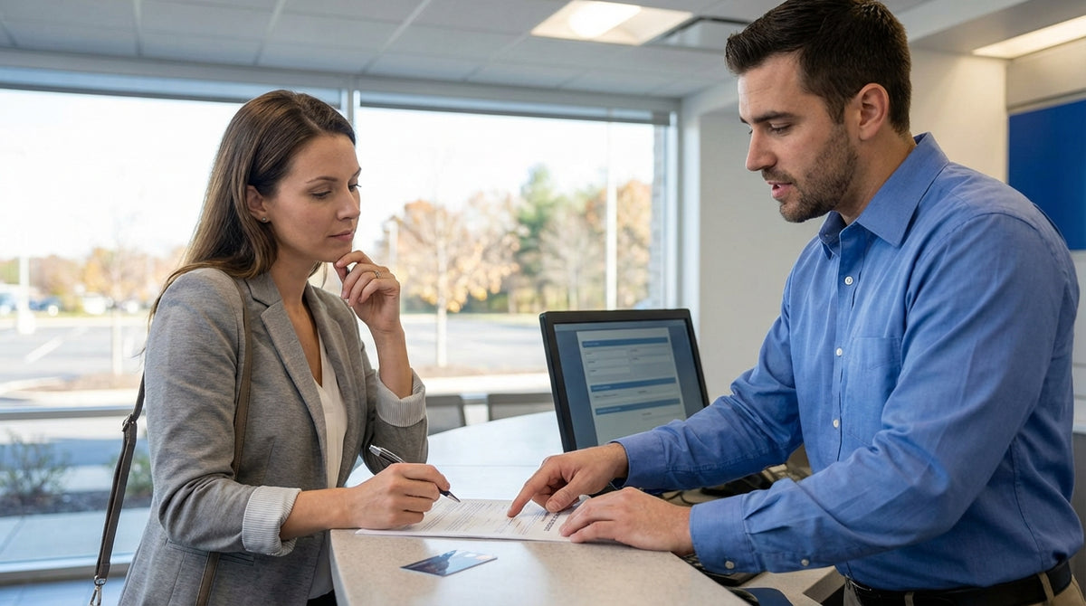 A car hire vehicle driving on a winding road through a colorful autumn forest in Pennsylvania