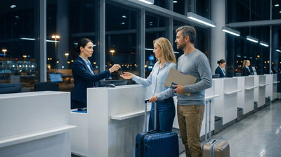 A quiet car rental desk in New York, lit up and ready for travelers arriving on a late-night flight