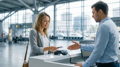A traveler hands a credit card to an agent at a car rental desk in a New York airport