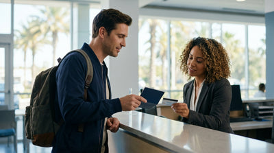 A red convertible from a car rental parked under sunny palm trees on a street in Los Angeles