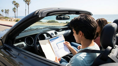 A person in the driver's seat of a car rental checks their documents before driving in California