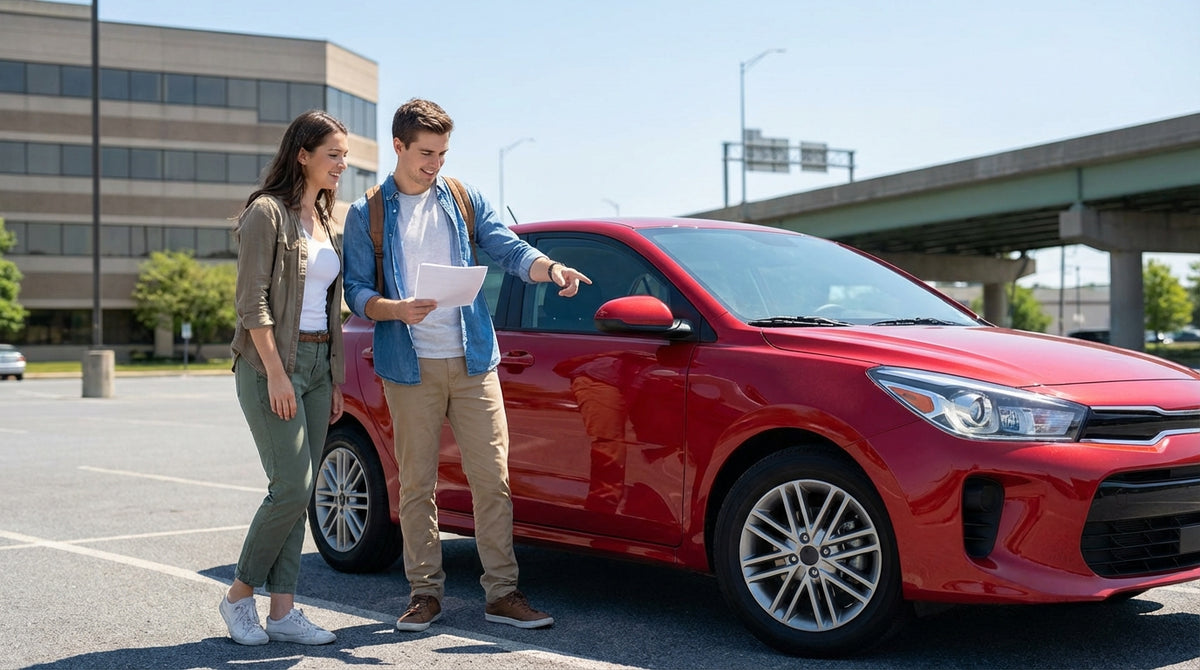 A young driver leans against their car rental on a scenic road with rolling green hills in Pennsylvania