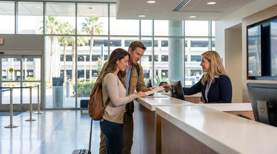 A row of cars at a car rental agency lot with Los Angeles palm trees in the background