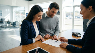 A modern car hire driving down a scenic highway through the Arizona desert