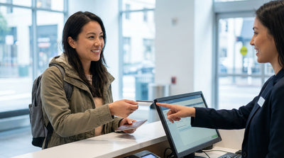 A red convertible car rental driving across the Golden Gate Bridge in San Francisco on a sunny day