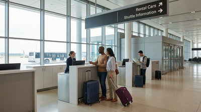 A modern car hire center at Philadelphia Airport in Pennsylvania, with company desks and signs overhead