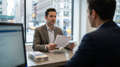 A modern car rental driving through a busy intersection in New York City with skyscrapers and yellow cabs