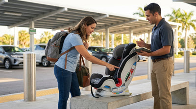A parent carefully installs a child safety seat into the back of their family car rental in Orlando