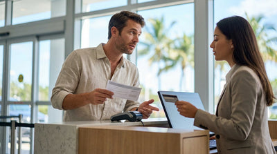 A traveler at a Miami airport car hire desk showing a voucher and credit card to an agent