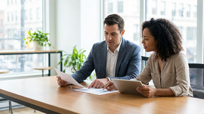 A driver on the phone next to their US car rental on the shoulder of a highway, looking concerned