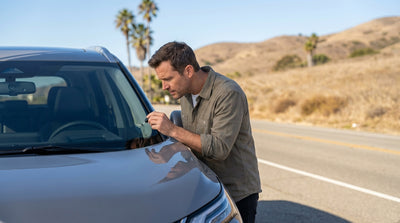 A car rental driving on a scenic highway through the sunny mountains of California