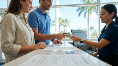 A convertible car hire drives down a sunny coastal road lined with palm trees in Florida