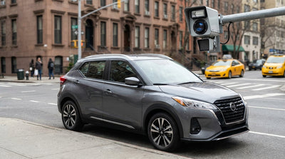 A red light camera flashes above a silver car hire vehicle on a busy New York street