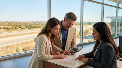 A modern car rental driving on a scenic highway through the rolling hills of Texas on a bright, sunny day