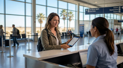 A red convertible car hire driving on a scenic highway through the vast, open landscape of Texas