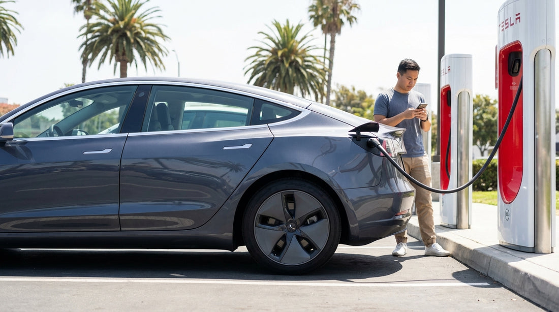A white Tesla car rental plugged into a Supercharger station on a sunny day in California