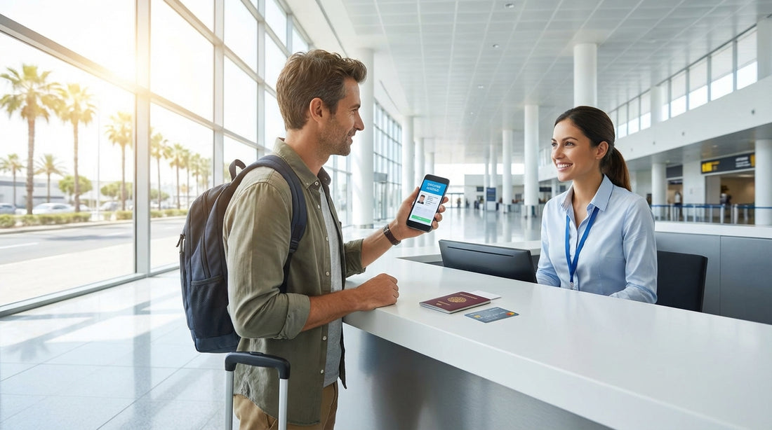 A person at a car hire desk in the United Estates shows their driving licence on a smartphone to an agent