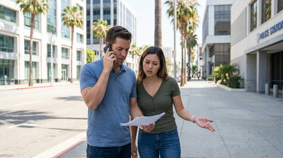 A person with their car hire on a sunny, palm-lined street in Los Angeles