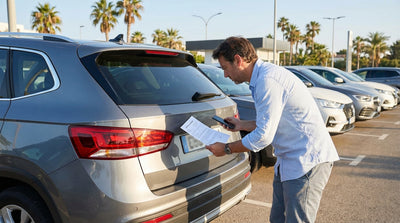 A person inspects the license plate of their car hire vehicle, holding a contract in a sunny California lot