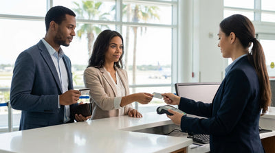 A convertible car hire driving on a sunny coastal road lined with palm trees in Florida