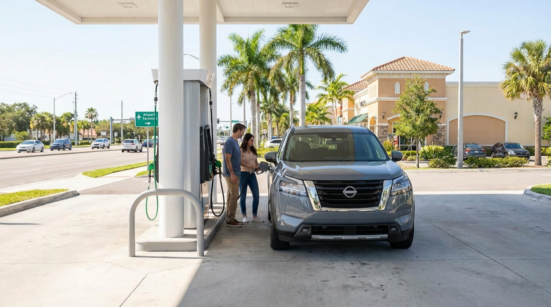 A modern car hire drives on a highway lined with palm trees under a bright blue sky in Orlando