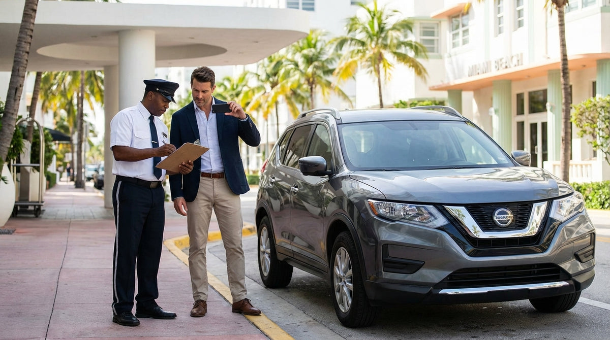 A valet attendant inspects a luxury car hire with a clipboard in front of a Miami hotel
