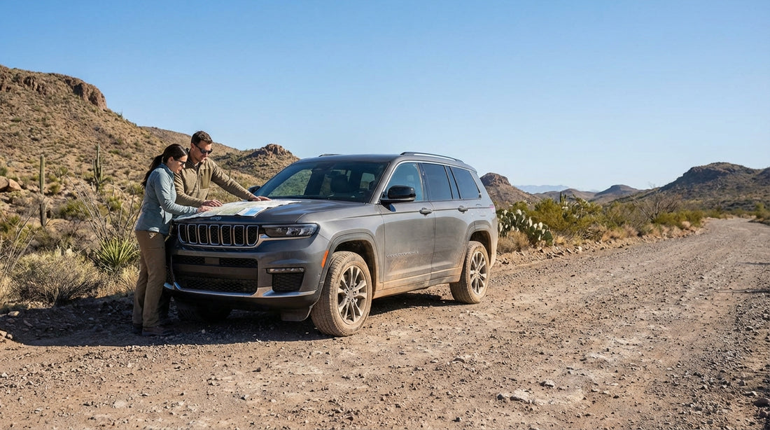 A Texas car hire vehicle driving down a dirt road with vast desert mountains in the background