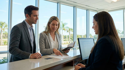 A red convertible car hire driving along a sunny coastal highway in Florida with palm trees