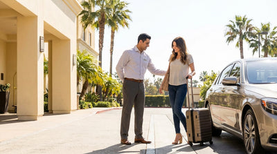 A smiling person getting into a white car rental outside the Los Angeles airport terminal