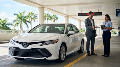A convertible car hire driving down a sun-drenched coastal highway in Florida lined with palm trees